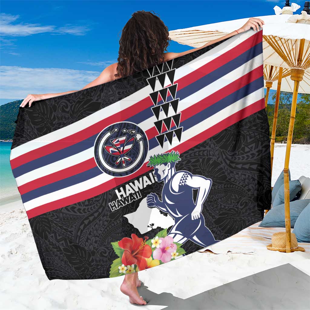 Honolulu Running Race Sarong Hawaii Marathon Kakau Art with Hibiscus and National Flag Style LT03 One Size 44 x 66 inches Blue and White - Polynesian Pride