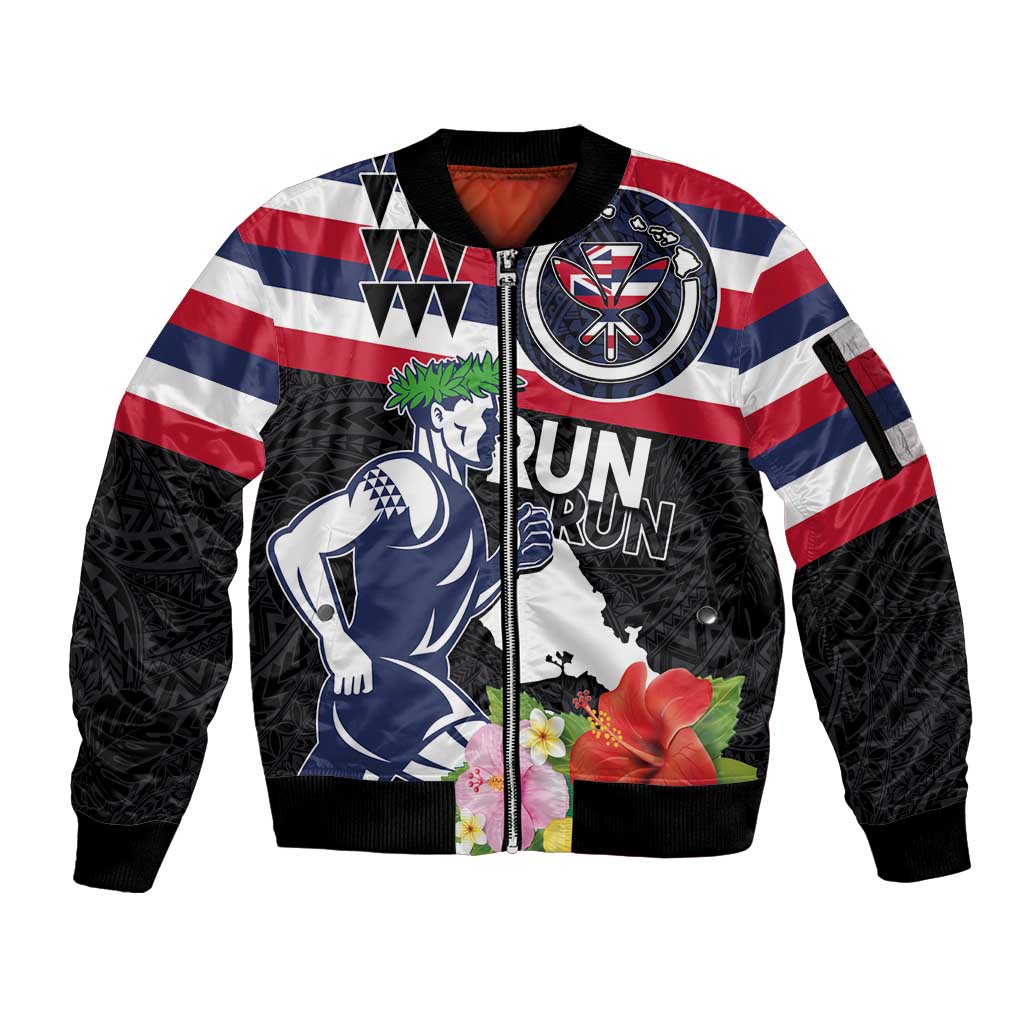 Honolulu Running Race Sleeve Zip Bomber Jacket Hawaii Marathon Kakau Art with Hibiscus and National Flag Style LT03 Unisex Blue and White - Polynesian Pride