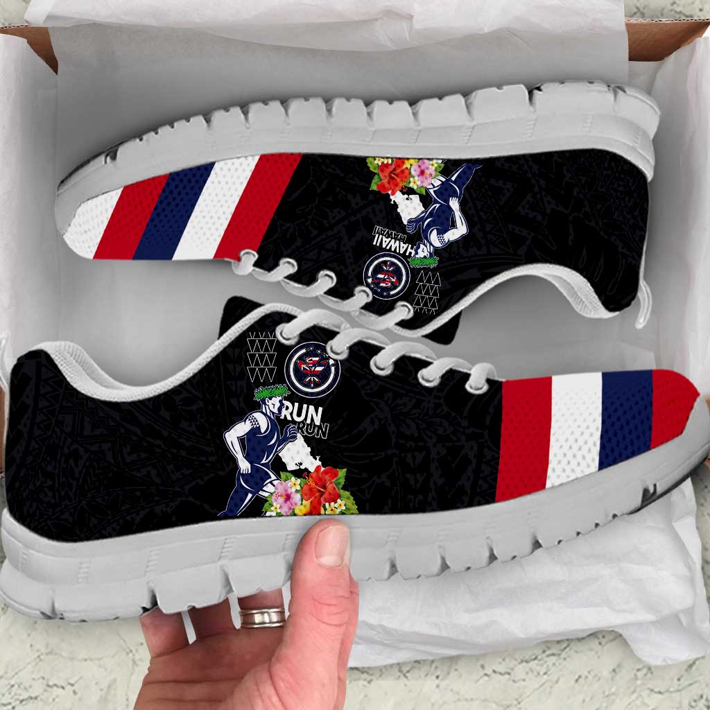 Honolulu Running Race Sneakers Hawaii Marathon - Kakau Art with Hibiscus and National Flag Style LT03 Blue and White - Polynesian Pride