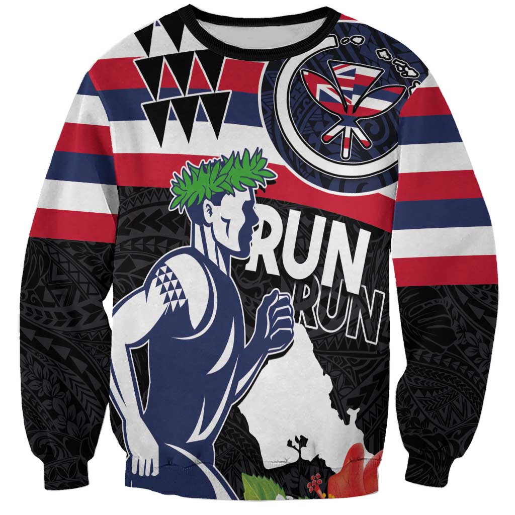 Honolulu Running Race Sweatshirt Hawaii Marathon Kakau Art with Hibiscus and National Flag Style LT03 Unisex Blue and White - Polynesian Pride