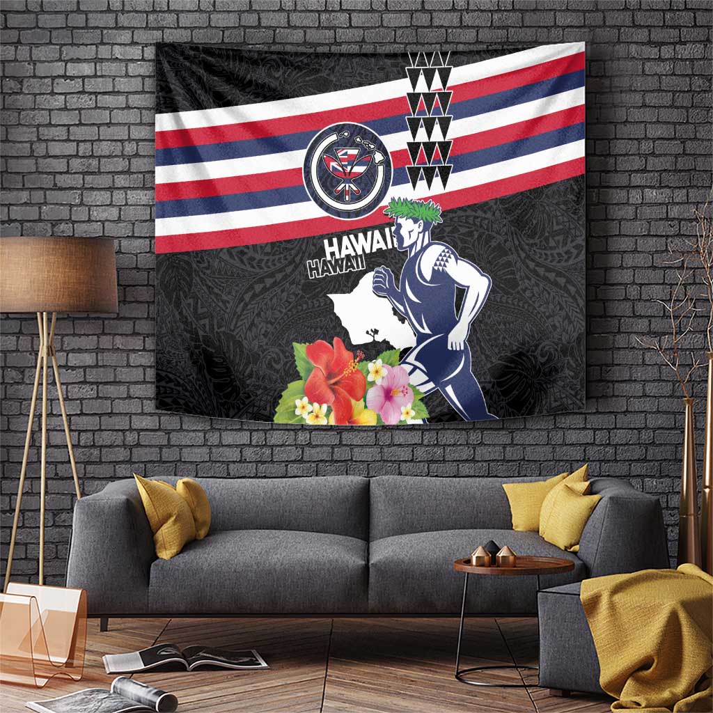 Honolulu Running Race Tapestry Hawaii Marathon Kakau Art with Hibiscus and National Flag Style LT03 Blue and White - Polynesian Pride