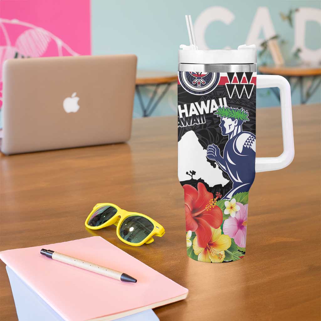 Honolulu Running Race Tumbler With Handle Hawaii Marathon Kakau Art with Hibiscus and National Flag Style