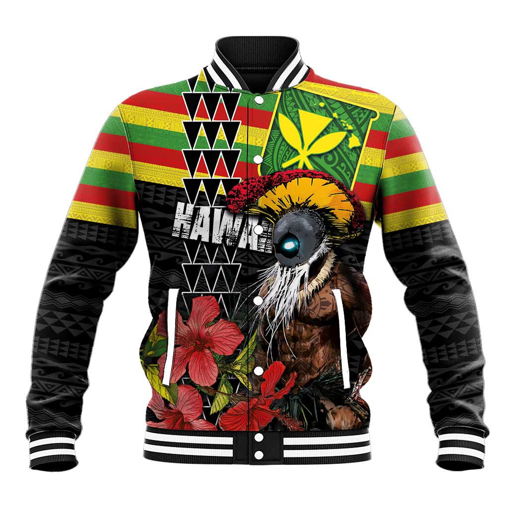 Kanaka Maoli Ikaika Warrior Baseball Jacket Hibiscus Kakau Art and Tapa Tribal Pattern