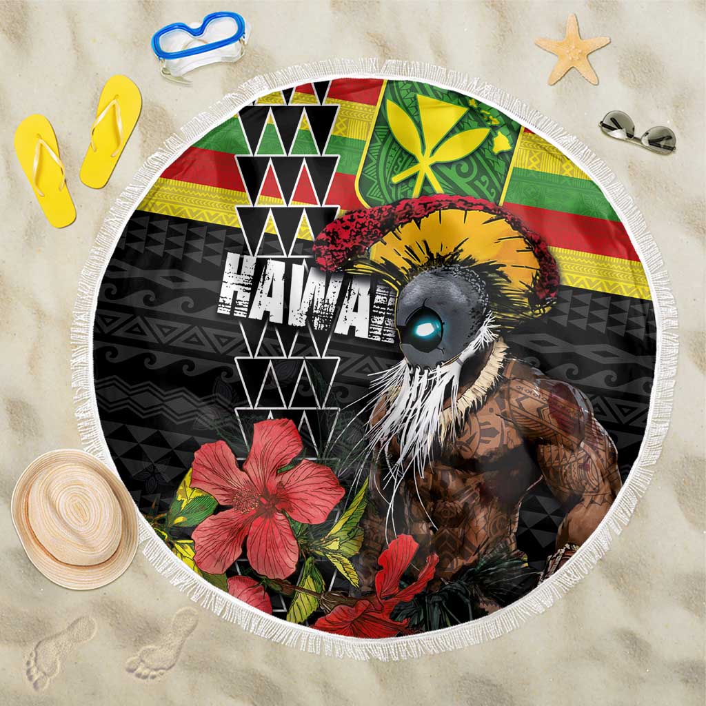 Kanaka Maoli Ikaika Warrior Beach Blanket Hibiscus Kakau Art and Tapa Tribal Pattern LT03 One Size 150cm Black - Polynesian Pride