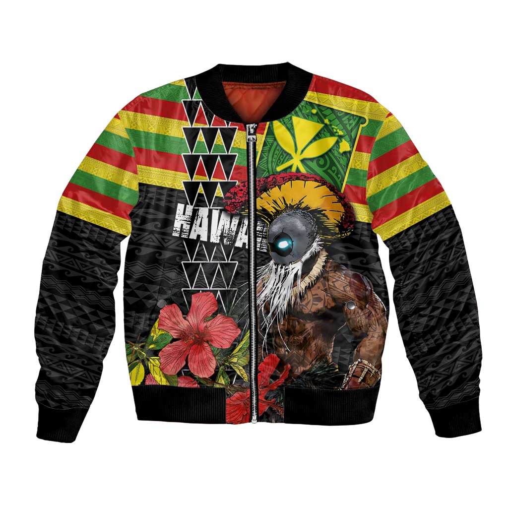 Kanaka Maoli Ikaika Warrior Bomber Jacket Hibiscus Kakau Art and Tapa Tribal Pattern LT03 Unisex Black - Polynesian Pride