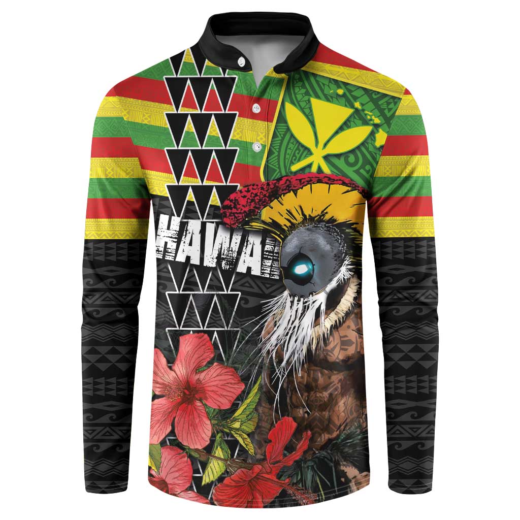Kanaka Maoli Ikaika Warrior Button Sweatshirt Hibiscus Kakau Art and Tapa Tribal Pattern LT03 Black - Polynesian Pride