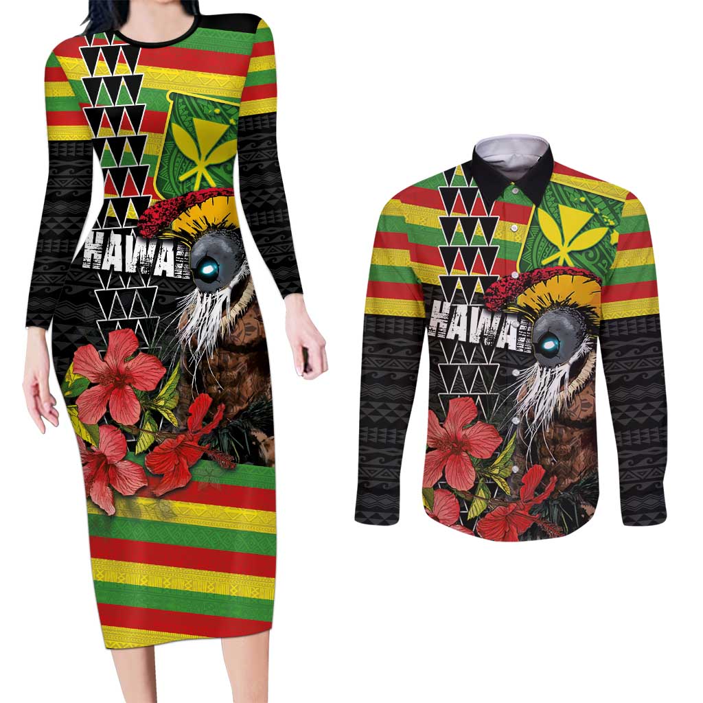 Kanaka Maoli Ikaika Warrior Couples Matching Long Sleeve Bodycon Dress and Long Sleeve Button Shirt Hibiscus Kakau Art and Tapa Tribal Pattern LT03 Black - Polynesian Pride