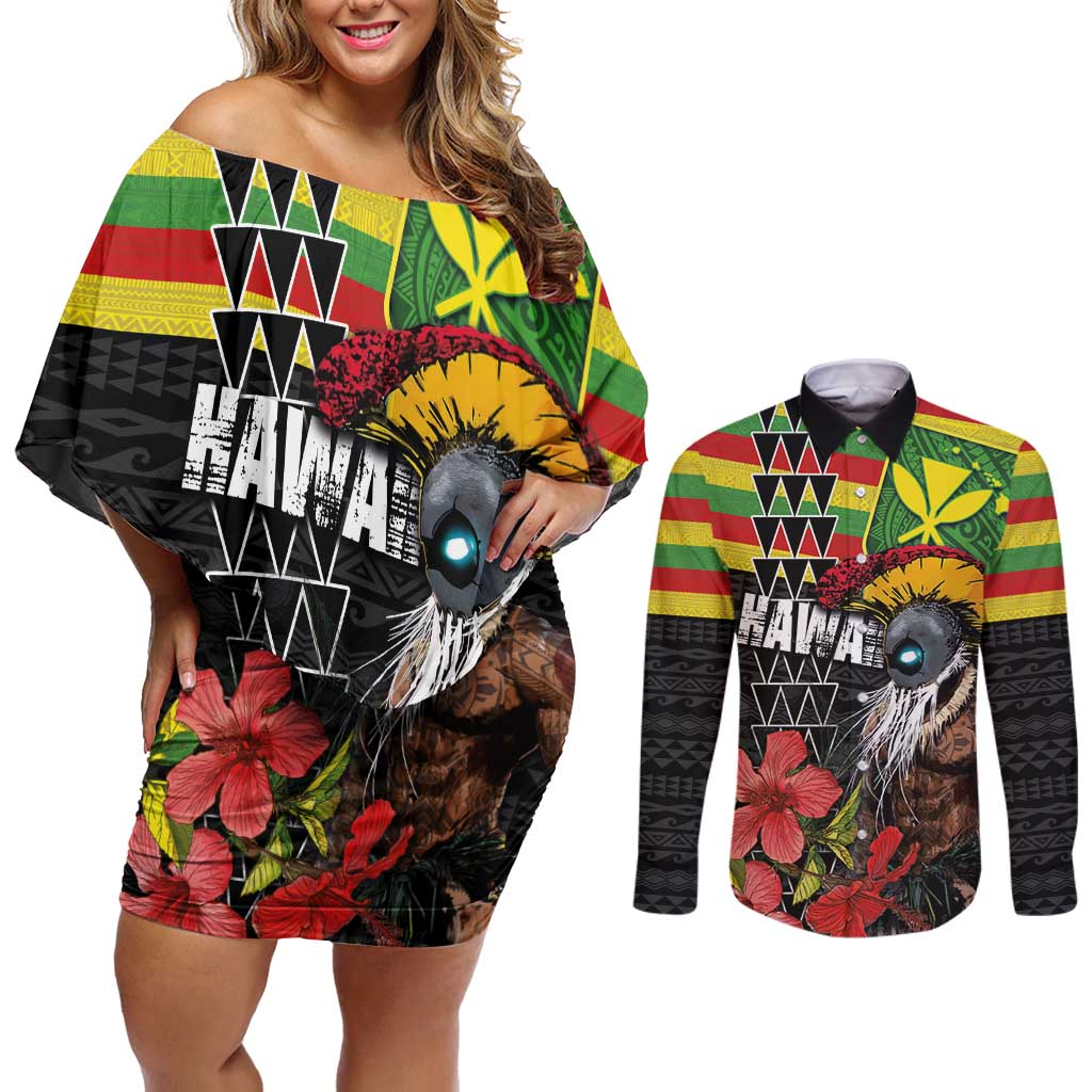 Kanaka Maoli Ikaika Warrior Couples Matching Off Shoulder Short Dress and Long Sleeve Button Shirt Hibiscus Kakau Art and Tapa Tribal Pattern LT03 Black - Polynesian Pride