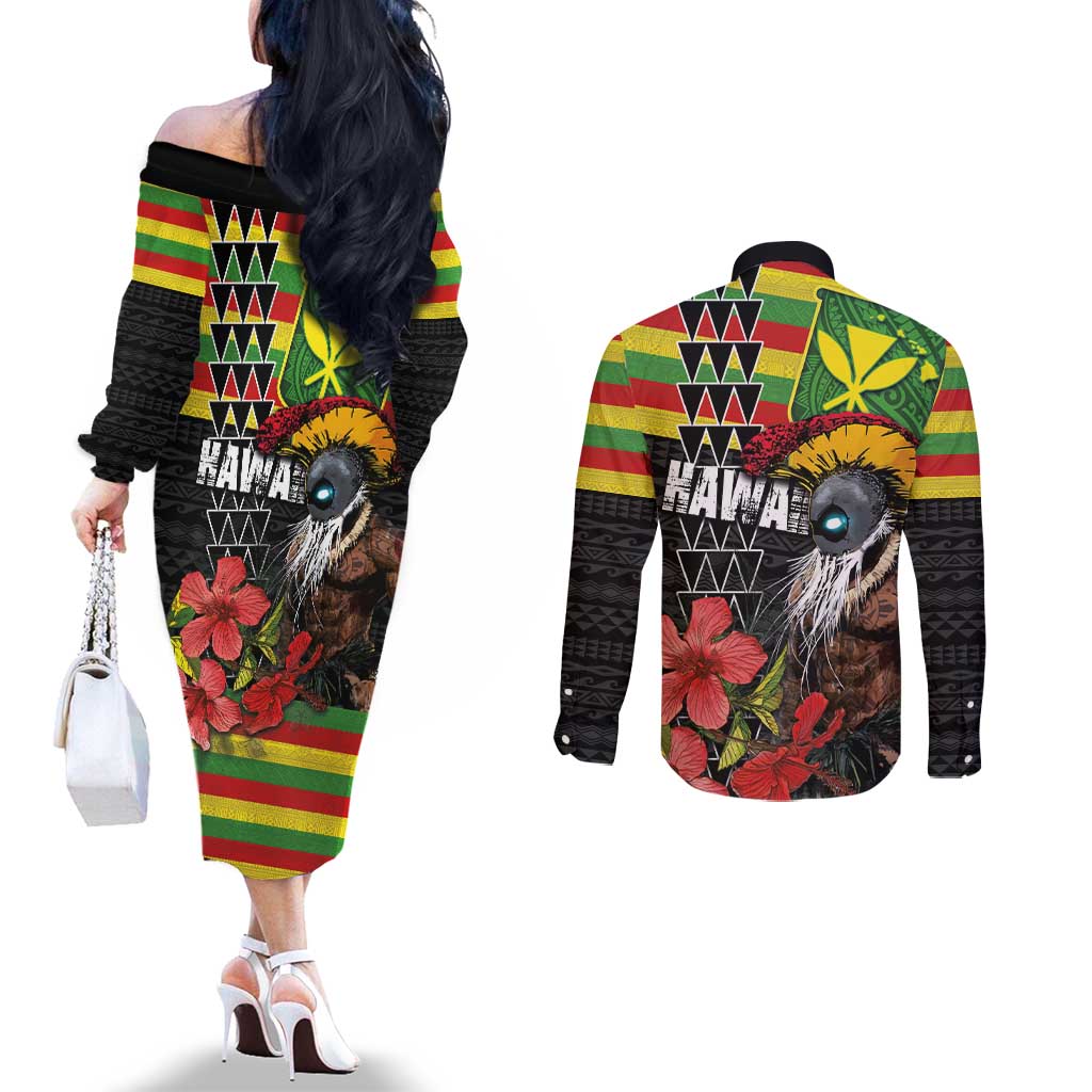 Kanaka Maoli Ikaika Warrior Couples Matching Off The Shoulder Long Sleeve Dress and Long Sleeve Button Shirt Hibiscus Kakau Art and Tapa Tribal Pattern