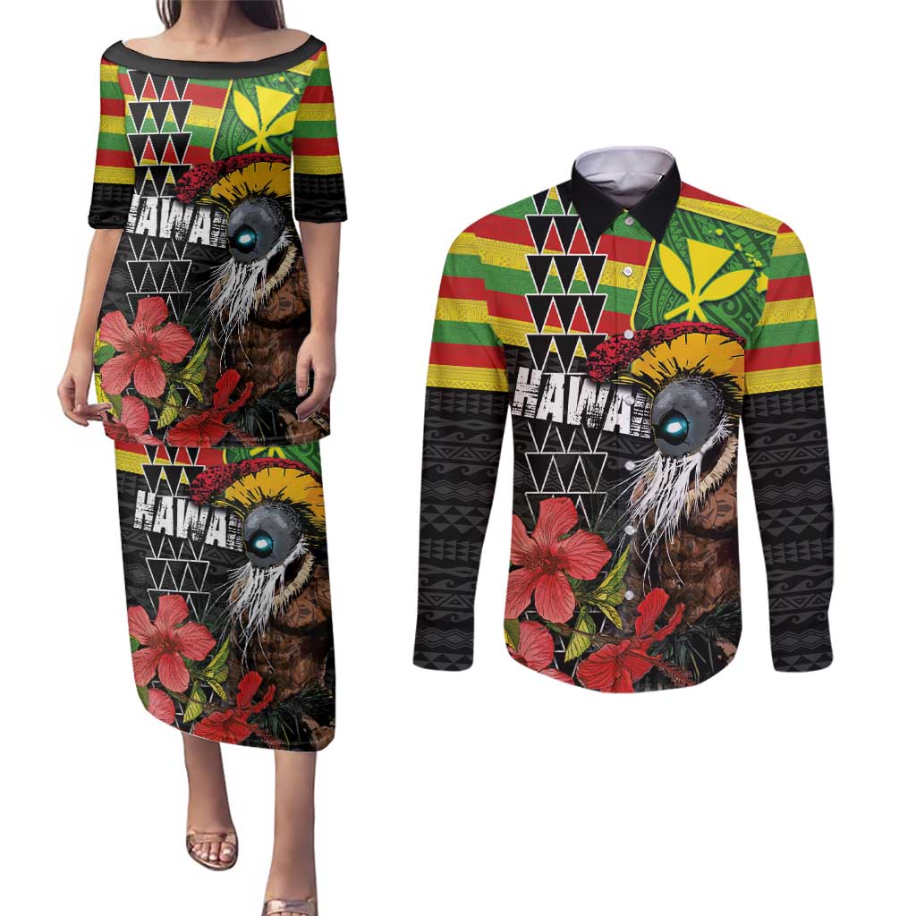 Kanaka Maoli Ikaika Warrior Couples Matching Puletasi and Long Sleeve Button Shirt Hibiscus Kakau Art and Tapa Tribal Pattern LT03 Black - Polynesian Pride