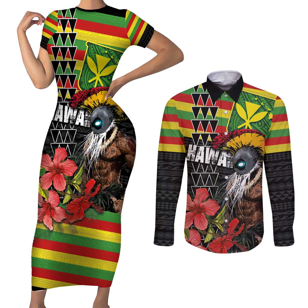 Kanaka Maoli Ikaika Warrior Couples Matching Short Sleeve Bodycon Dress and Long Sleeve Button Shirt Hibiscus Kakau Art and Tapa Tribal Pattern LT03 Black - Polynesian Pride