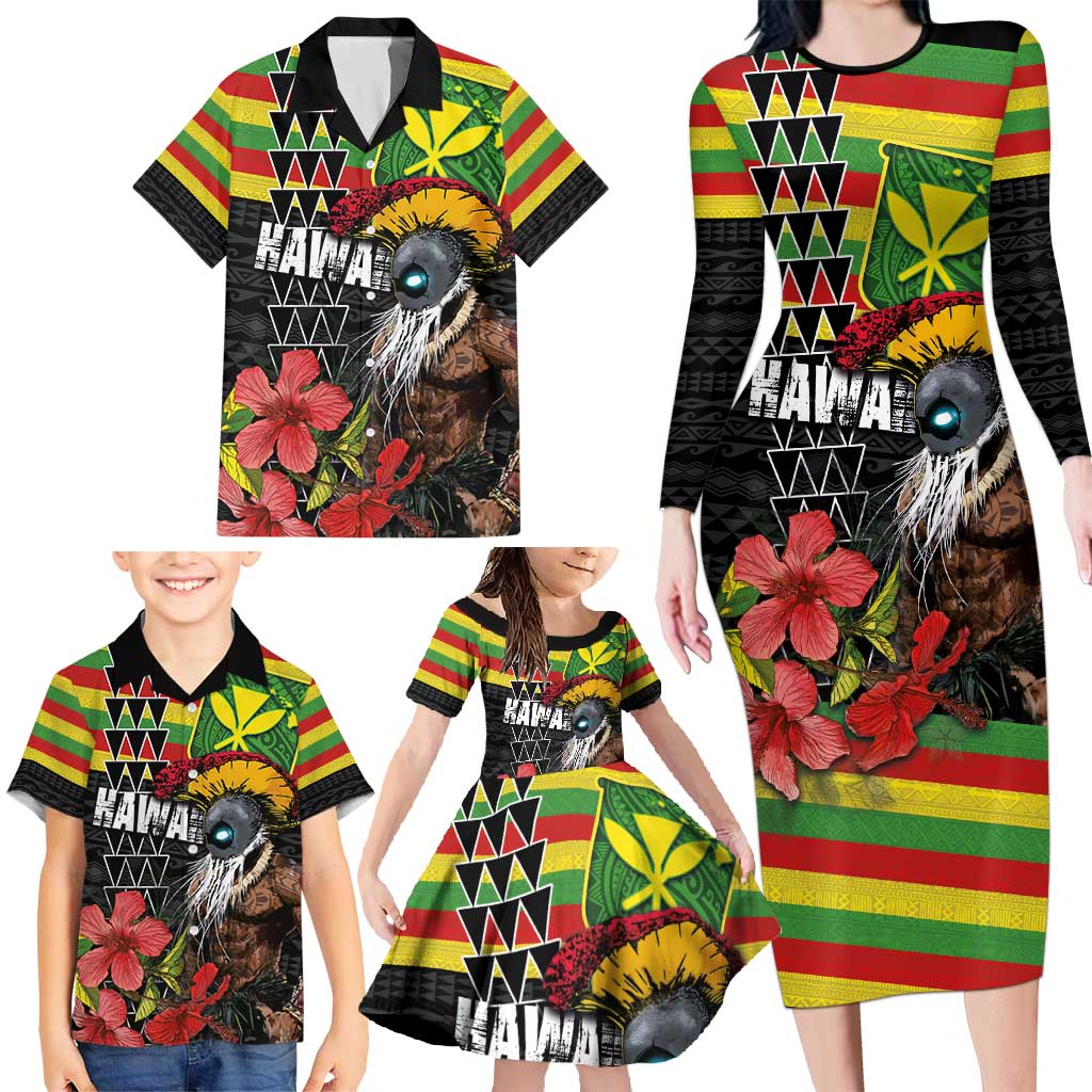 Kanaka Maoli Ikaika Warrior Family Matching Long Sleeve Bodycon Dress and Hawaiian Shirt Hibiscus Kakau Art and Tapa Tribal Pattern