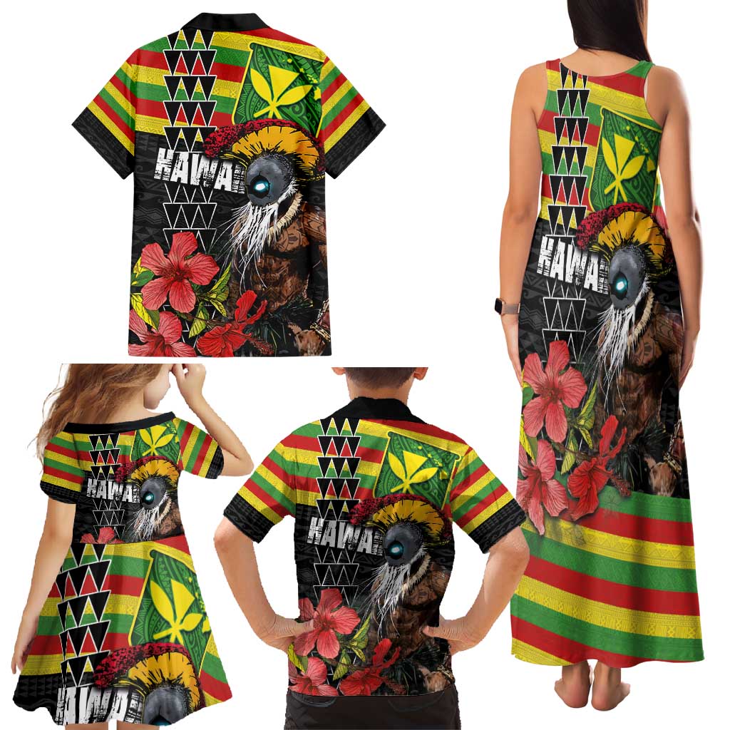 Kanaka Maoli Ikaika Warrior Family Matching Tank Maxi Dress and Hawaiian Shirt Hibiscus Kakau Art and Tapa Tribal Pattern