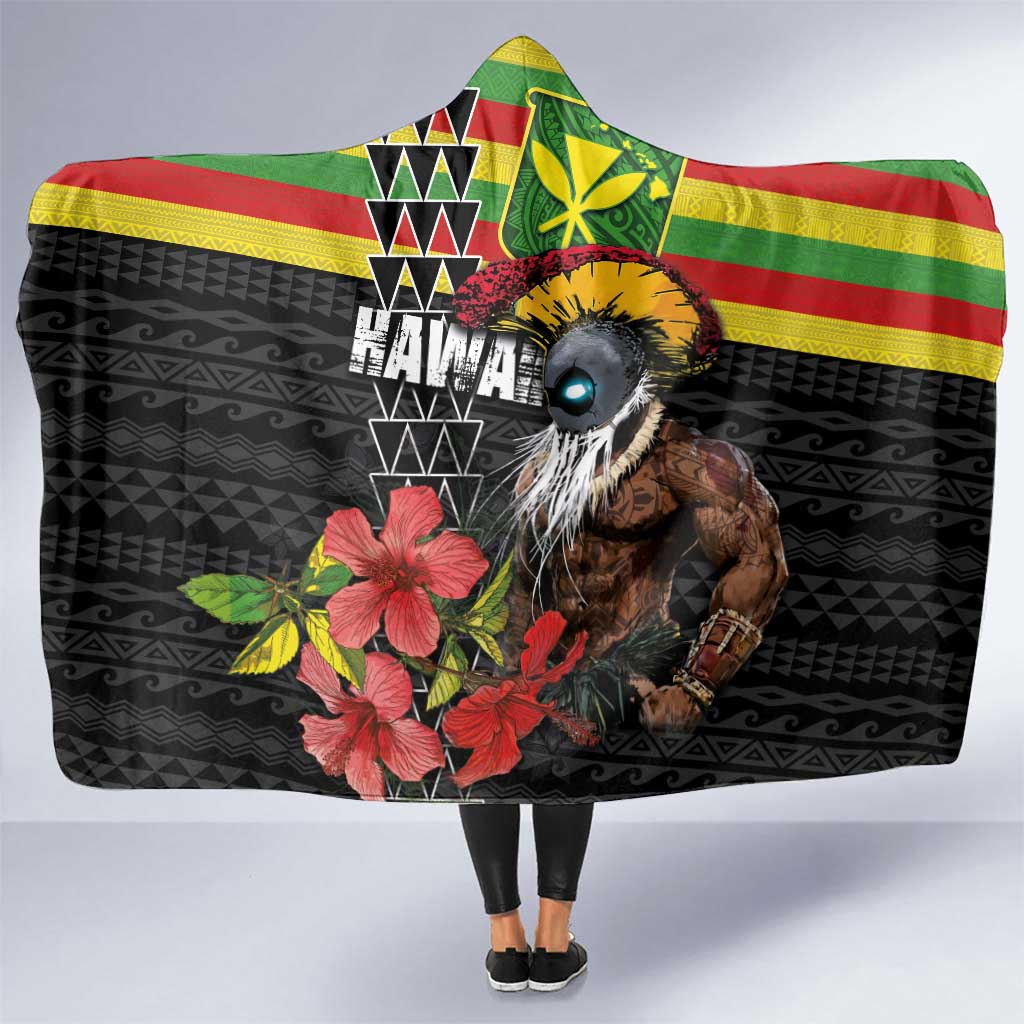 Kanaka Maoli Ikaika Warrior Hooded Blanket Hibiscus Kakau Art and Tapa Tribal Pattern LT03 One Size Black - Polynesian Pride
