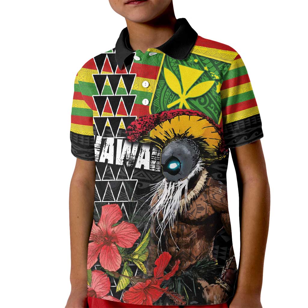 Kanaka Maoli Ikaika Warrior Kid Polo Shirt Hibiscus Kakau Art and Tapa Tribal Pattern LT03 Kid Black - Polynesian Pride