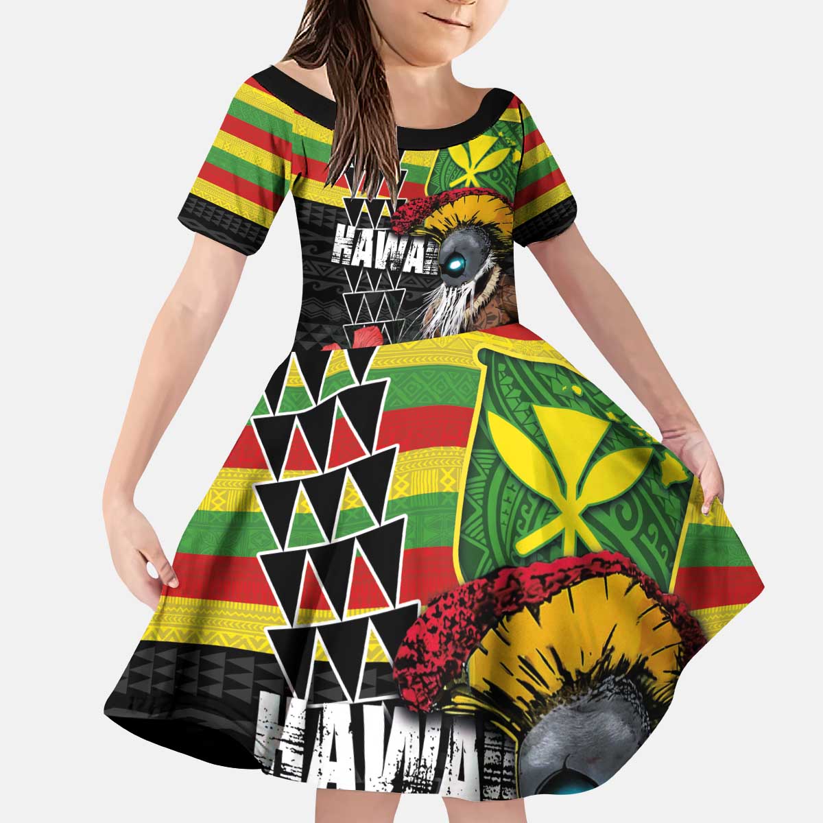 Kanaka Maoli Ikaika Warrior Kid Short Sleeve Dress Hibiscus Kakau Art and Tapa Tribal Pattern LT03 KID Black - Polynesian Pride