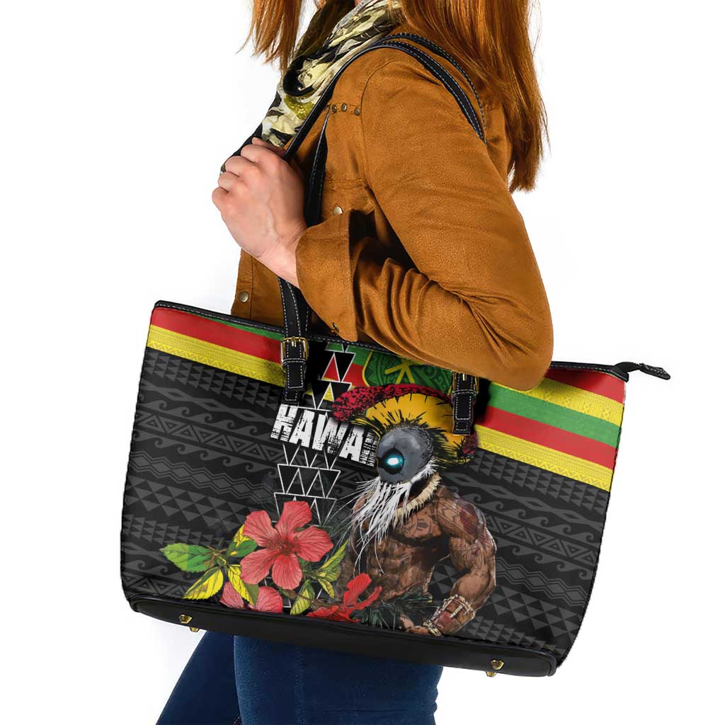 Kanaka Maoli Ikaika Warrior Leather Tote Bag Hibiscus Kakau Art and Tapa Tribal Pattern LT03 Black - Polynesian Pride