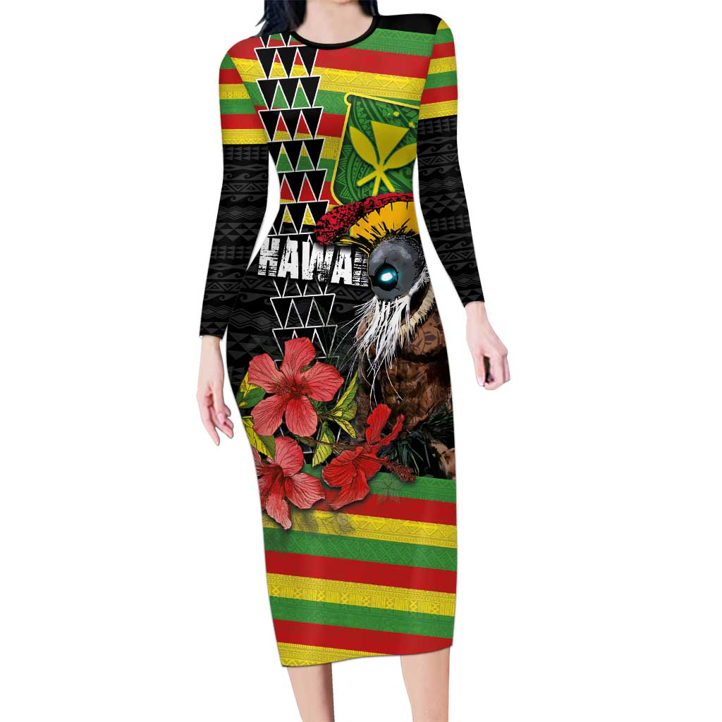 Kanaka Maoli Ikaika Warrior Long Sleeve Bodycon Dress Hibiscus Kakau Art and Tapa Tribal Pattern LT03 Long Dress Black - Polynesian Pride