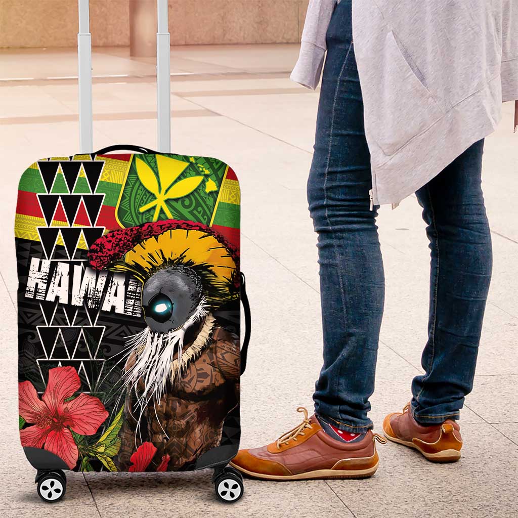 Kanaka Maoli Ikaika Warrior Luggage Cover Hibiscus Kakau Art and Tapa Tribal Pattern LT03 Black - Polynesian Pride