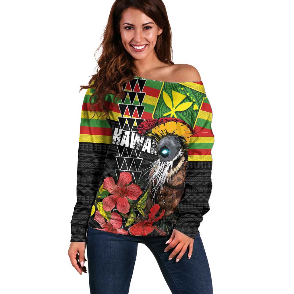 Kanaka Maoli Ikaika Warrior Off Shoulder Sweater Hibiscus Kakau Art and Tapa Tribal Pattern LT03 Women Black - Polynesian Pride