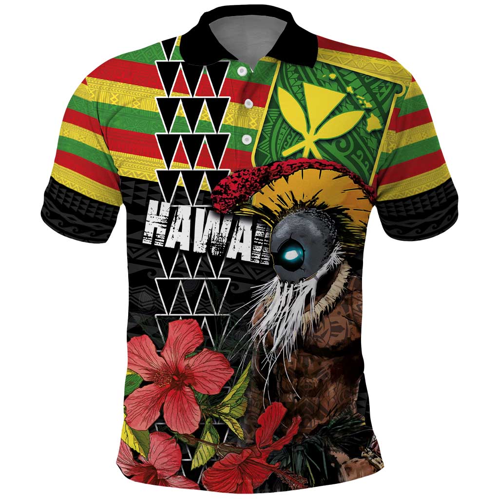 Kanaka Maoli Ikaika Warrior Polo Shirt Hibiscus Kakau Art and Tapa Tribal Pattern LT03 Black - Polynesian Pride