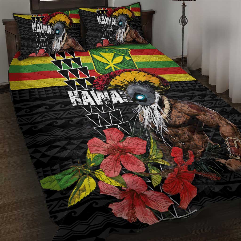 Kanaka Maoli Ikaika Warrior Quilt Bed Set Hibiscus Kakau Art and Tapa Tribal Pattern LT03 Black - Polynesian Pride