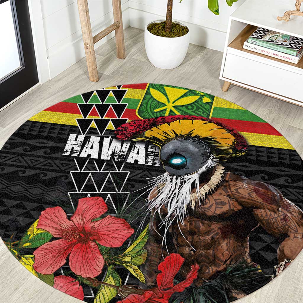 Kanaka Maoli Ikaika Warrior Round Carpet Hibiscus Kakau Art and Tapa Tribal Pattern LT03 Black - Polynesian Pride