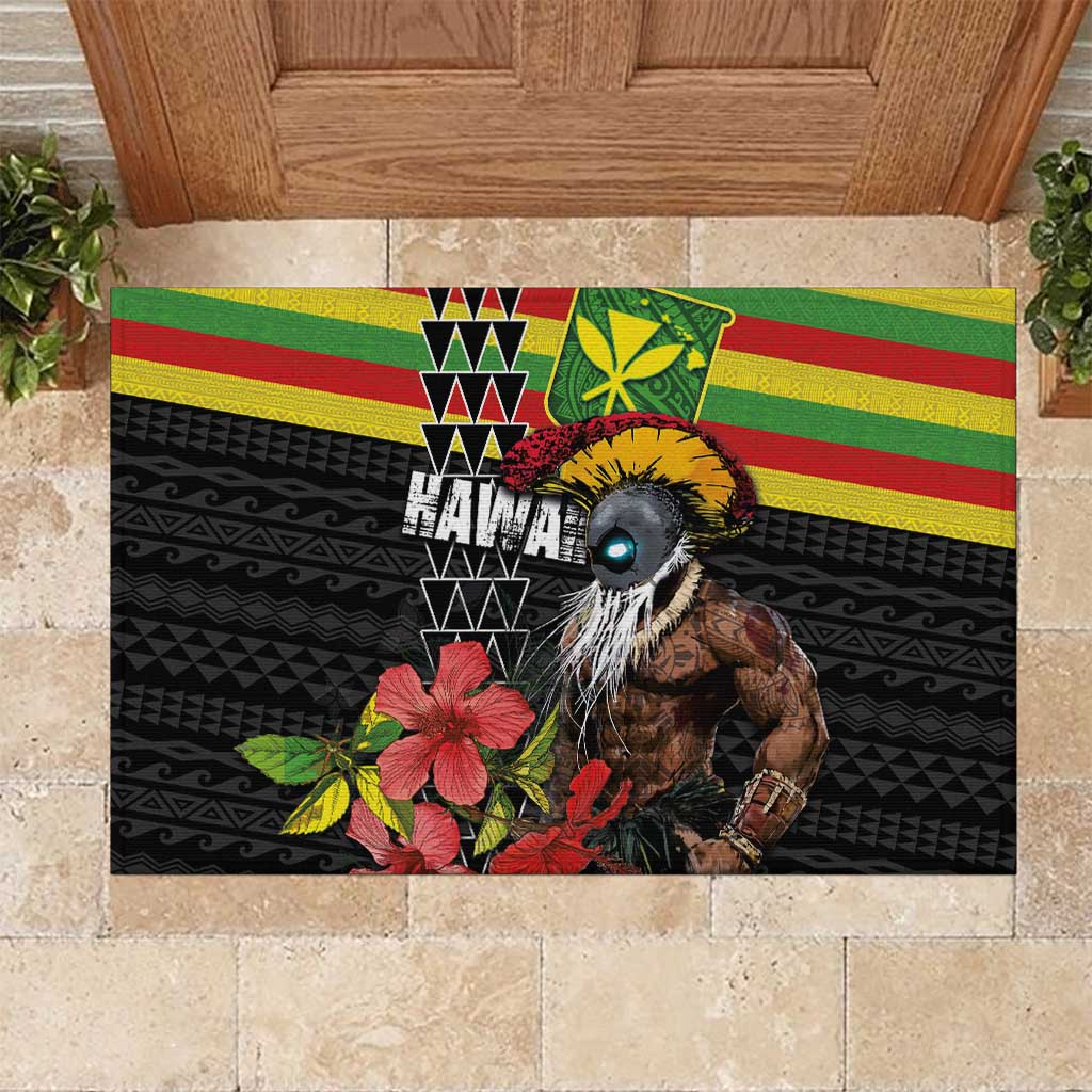 Kanaka Maoli Ikaika Warrior Rubber Doormat Hibiscus Kakau Art and Tapa Tribal Pattern LT03 Black - Polynesian Pride