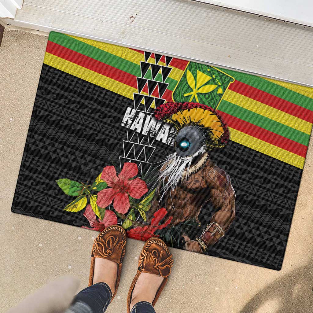 Kanaka Maoli Ikaika Warrior Rubber Doormat Hibiscus Kakau Art and Tapa Tribal Pattern