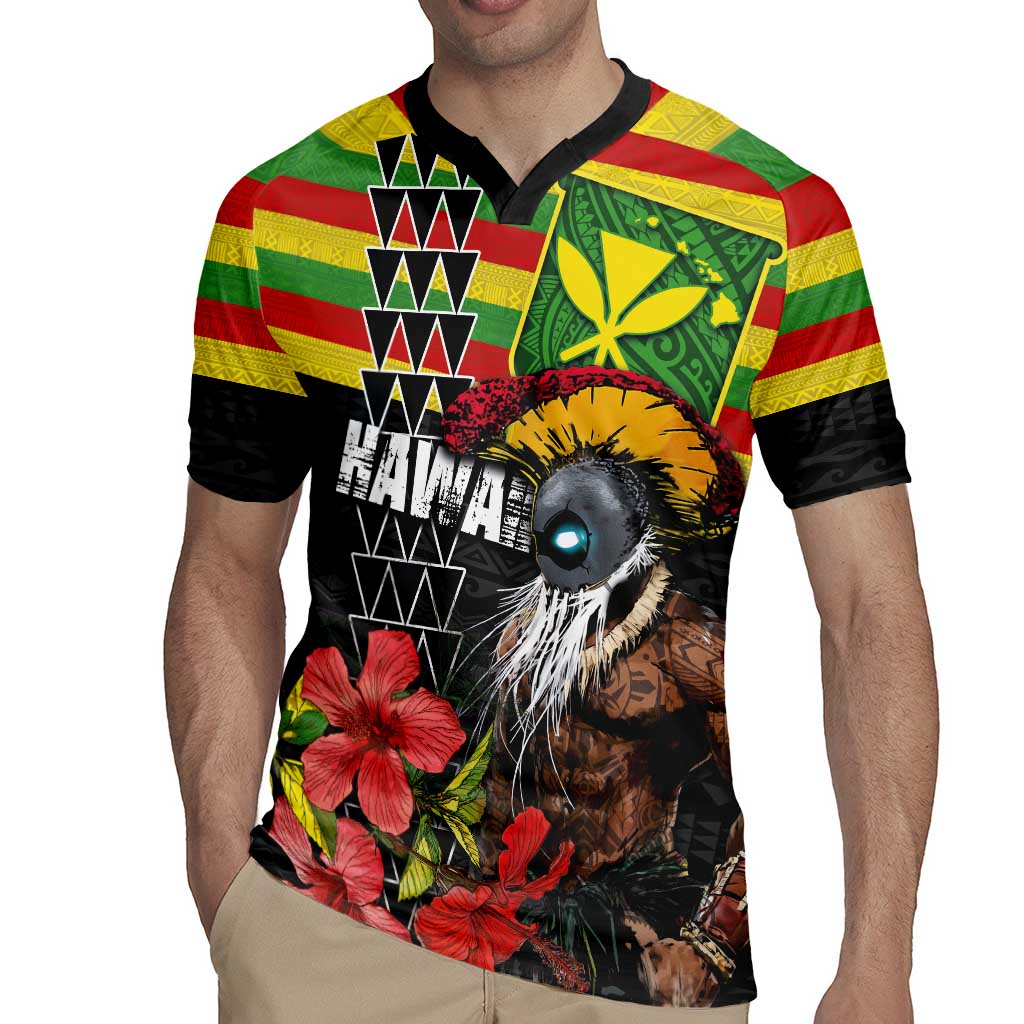 Kanaka Maoli Ikaika Warrior Rugby Jersey Hibiscus Kakau Art and Tapa Tribal Pattern