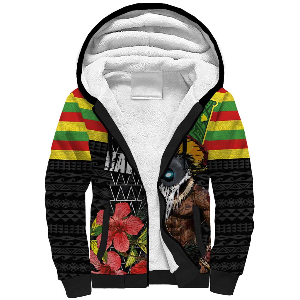 Kanaka Maoli Ikaika Warrior Sherpa Hoodie Hibiscus Kakau Art and Tapa Tribal Pattern LT03 Unisex Black - Polynesian Pride