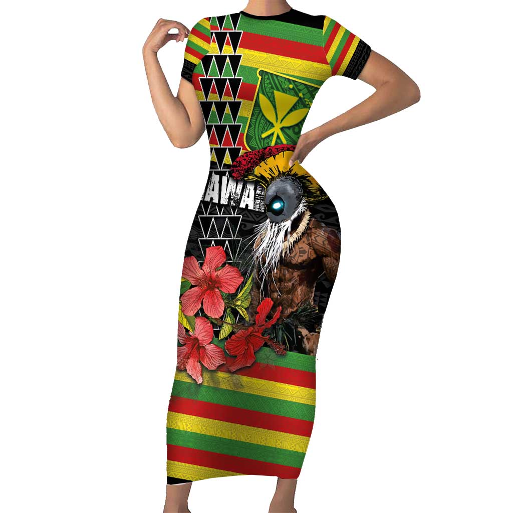Kanaka Maoli Ikaika Warrior Short Sleeve Bodycon Dress Hibiscus Kakau Art and Tapa Tribal Pattern LT03 Long Dress Black - Polynesian Pride