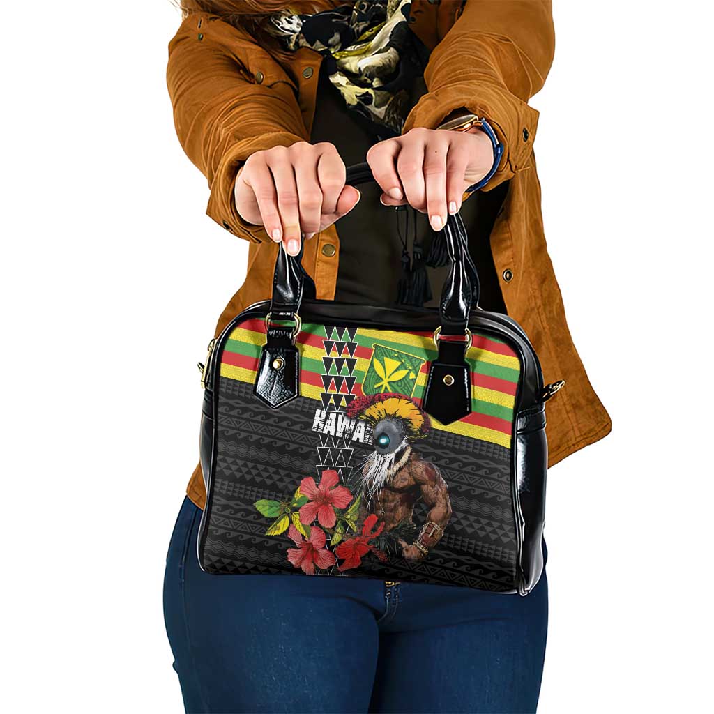 Kanaka Maoli Ikaika Warrior Shoulder Handbag Hibiscus Kakau Art and Tapa Tribal Pattern LT03 One Size Black - Polynesian Pride
