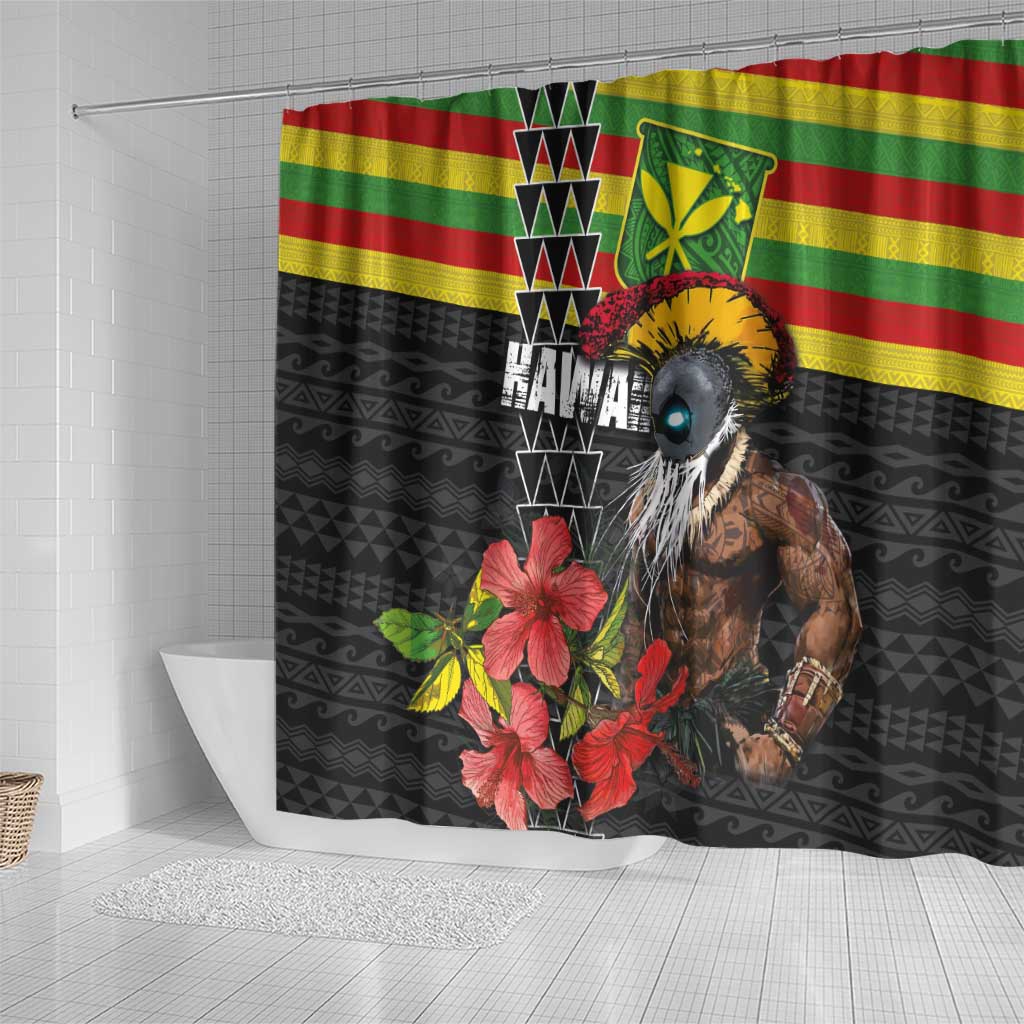 Kanaka Maoli Ikaika Warrior Shower Curtain Hibiscus Kakau Art and Tapa Tribal Pattern