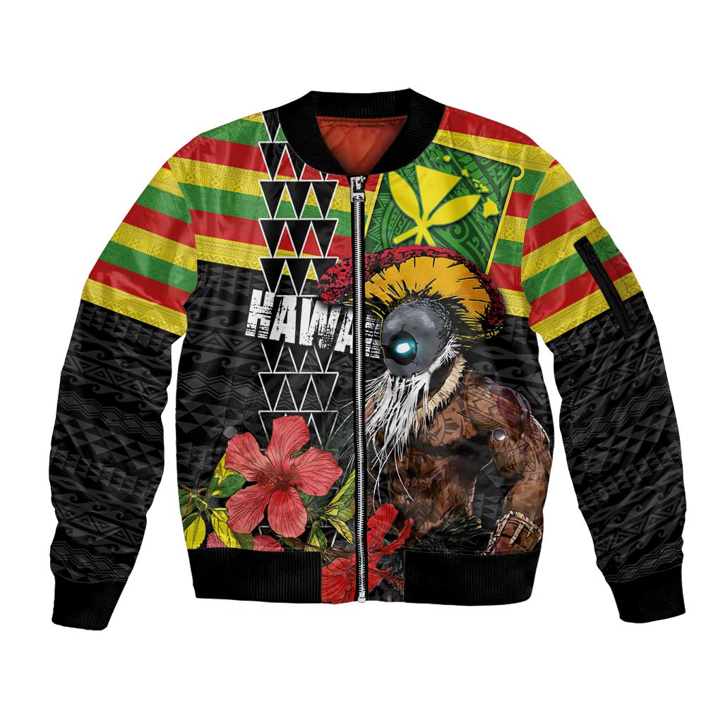 Kanaka Maoli Ikaika Warrior Sleeve Zip Bomber Jacket Hibiscus Kakau Art and Tapa Tribal Pattern LT03 Unisex Black - Polynesian Pride