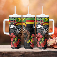 Kanaka Maoli Ikaika Warrior Tumbler With Handle Hibiscus Kakau Art and Tapa Tribal Pattern