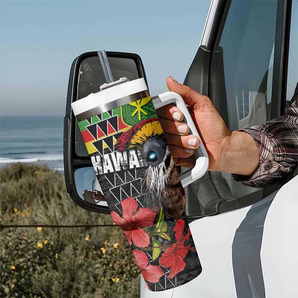 Kanaka Maoli Ikaika Warrior Tumbler With Handle Hibiscus Kakau Art and Tapa Tribal Pattern