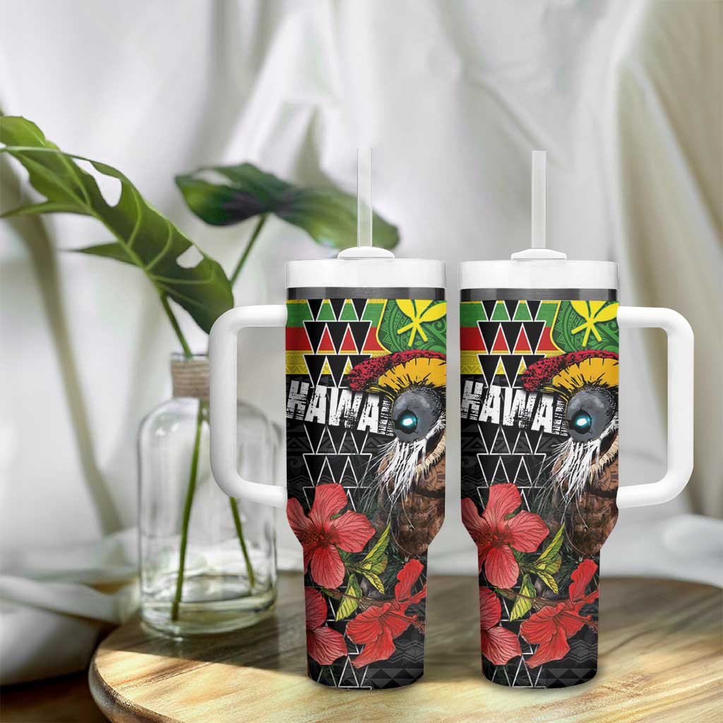 Kanaka Maoli Ikaika Warrior Tumbler With Handle Hibiscus Kakau Art and Tapa Tribal Pattern
