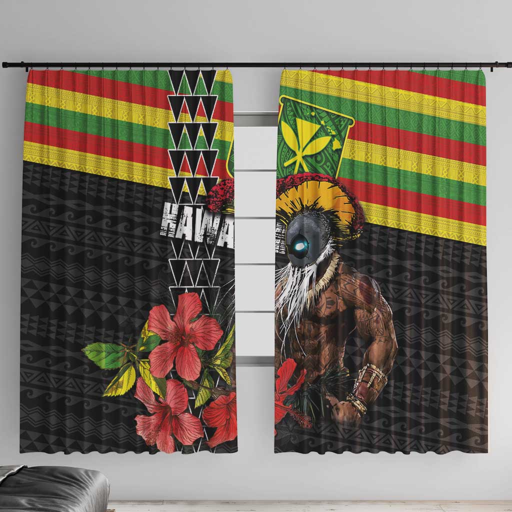 Kanaka Maoli Ikaika Warrior Window Curtain Hibiscus Kakau Art and Tapa Tribal Pattern LT03 With Hooks Black - Polynesian Pride