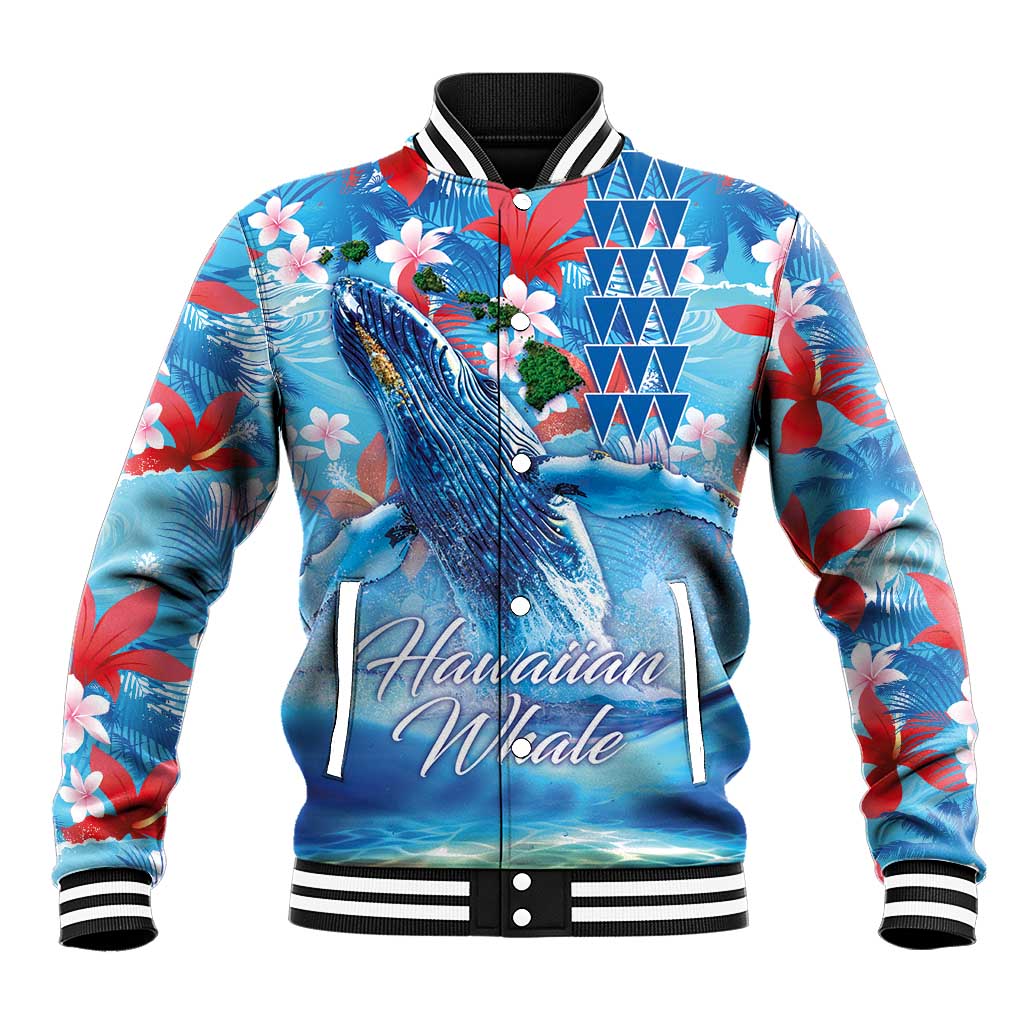 Hawaiian Waves Whale Baseball Jacket Kakau Art and Tropical Red Hibiscus Flowers LT03 Unisex Blue - Polynesian Pride