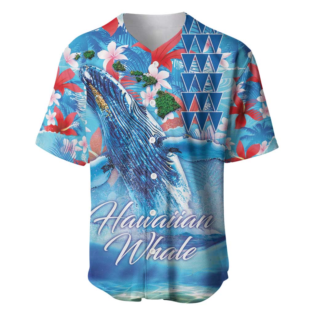 Hawaiian Waves Whale Baseball Jersey Kakau Art and Tropical Red Hibiscus Flowers LT03 Blue - Polynesian Pride