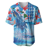 Hawaiian Waves Whale Baseball Jersey Kakau Art and Tropical Red Hibiscus Flowers LT03 Blue - Polynesian Pride