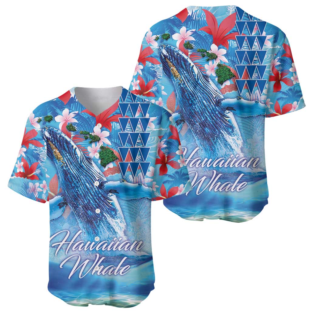 Hawaiian Waves Whale Baseball Jersey Kakau Art and Tropical Red Hibiscus Flowers LT03 - Polynesian Pride