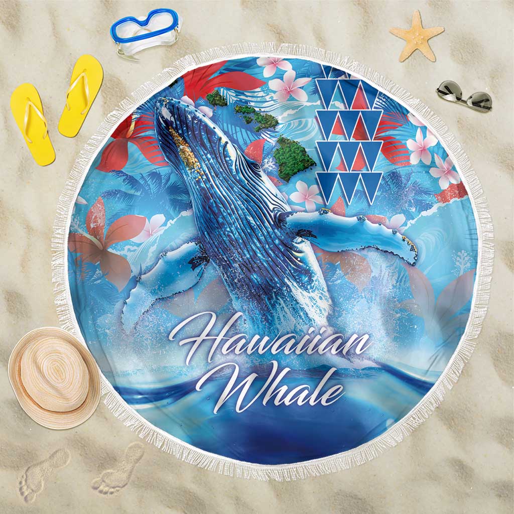 Hawaiian Waves Whale Beach Blanket Kakau Art and Tropical Red Hibiscus Flowers LT03 One Size 150cm Blue - Polynesian Pride