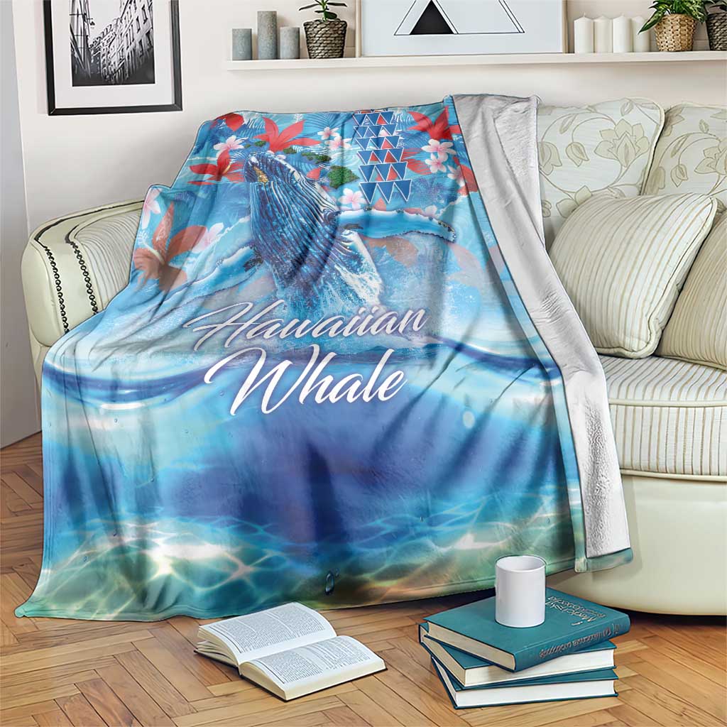 Hawaiian Waves Whale Blanket Kakau Art and Tropical Red Hibiscus Flowers LT03 Blue - Polynesian Pride