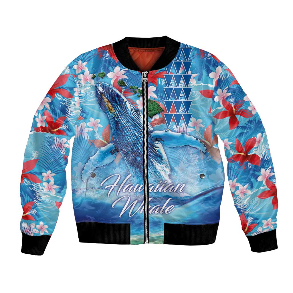 Hawaiian Waves Whale Bomber Jacket Kakau Art and Tropical Red Hibiscus Flowers LT03 Unisex Blue - Polynesian Pride