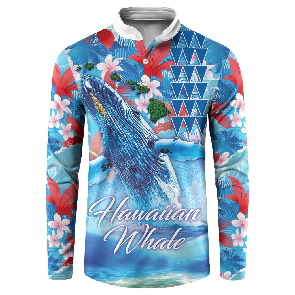 Hawaiian Waves Whale Button Sweatshirt Kakau Art and Tropical Red Hibiscus Flowers LT03 Blue - Polynesian Pride