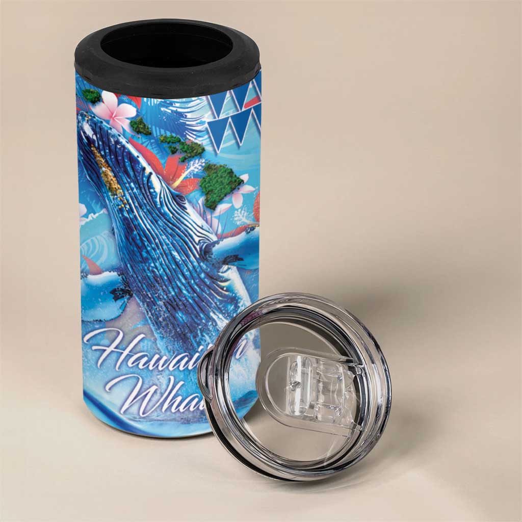 Hawaiian Waves Whale 4 in 1 Can Cooler Tumbler Kakau Art and Tropical Red Hibiscus Flowers