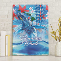 Hawaiian Waves Whale Canvas Wall Art Kakau Art and Tropical Red Hibiscus Flowers LT03 Without Frame Blue - Polynesian Pride