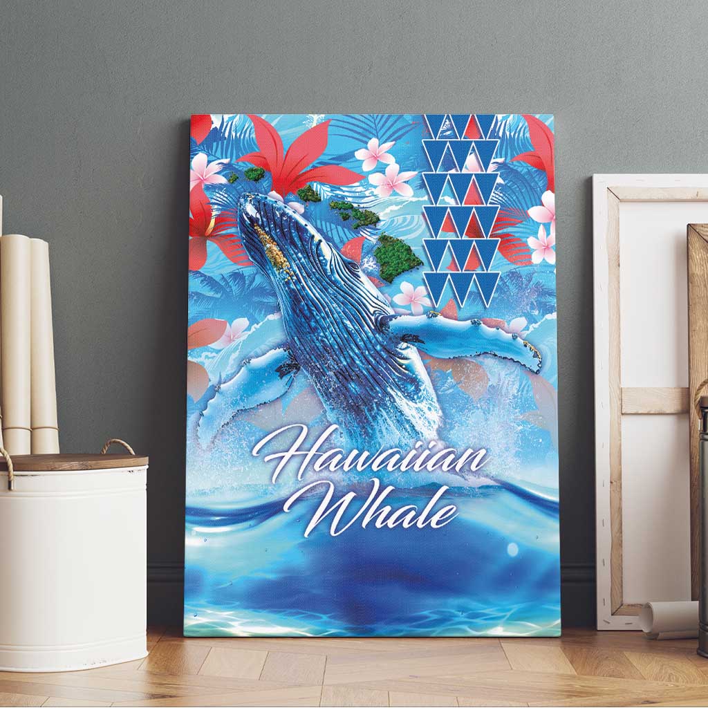 Hawaiian Waves Whale Canvas Wall Art Kakau Art and Tropical Red Hibiscus Flowers LT03 - Polynesian Pride